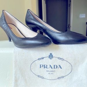 Prada low heel black leather pump size 7. Excellent condition.